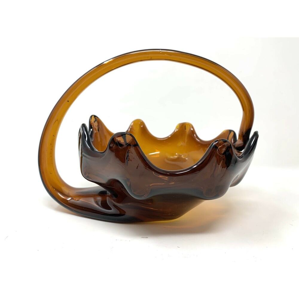 Vintage Hand Blown Amber Art Glass Dish Sooner USA? Centerpiece Fall Cornucopia